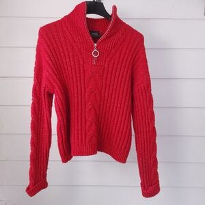VENUS Red Cable Knit 1/4 Zip Mock Neck Cropped Sweater Sparkle XL